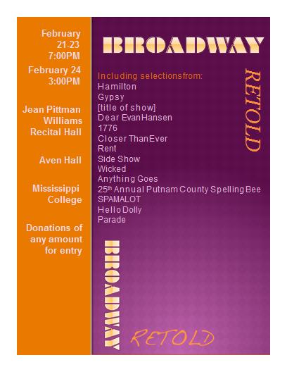 “Broadway Retold” February 21-24 for the Music Department’s program at the Jean Pittman Williams Recital Hall.