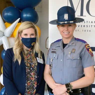 MC Office of Career Services director Taylor Ormon joins Mississippi Highway Patrol trooper Ivana K. Williams at the March 10 Career Fair. Both are MC graduates.