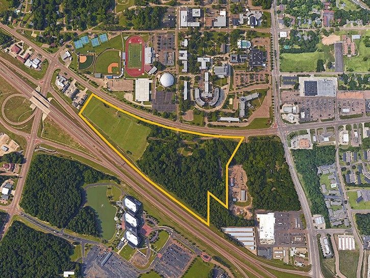 The yellow box in this aerial photograph indicates Mississippi College land that will be developed as part of the project.