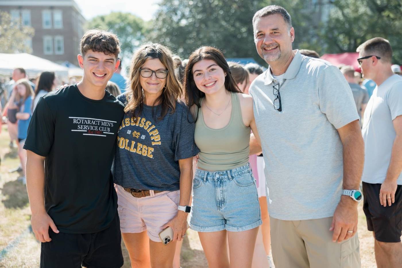 The Poché family, from left, Asa, Aimee, Cheryl Grace, and Tommy, enjoy getting to spend quality time together and enjoying Choctaw campus culture during Family Weekend at Mississippi College.