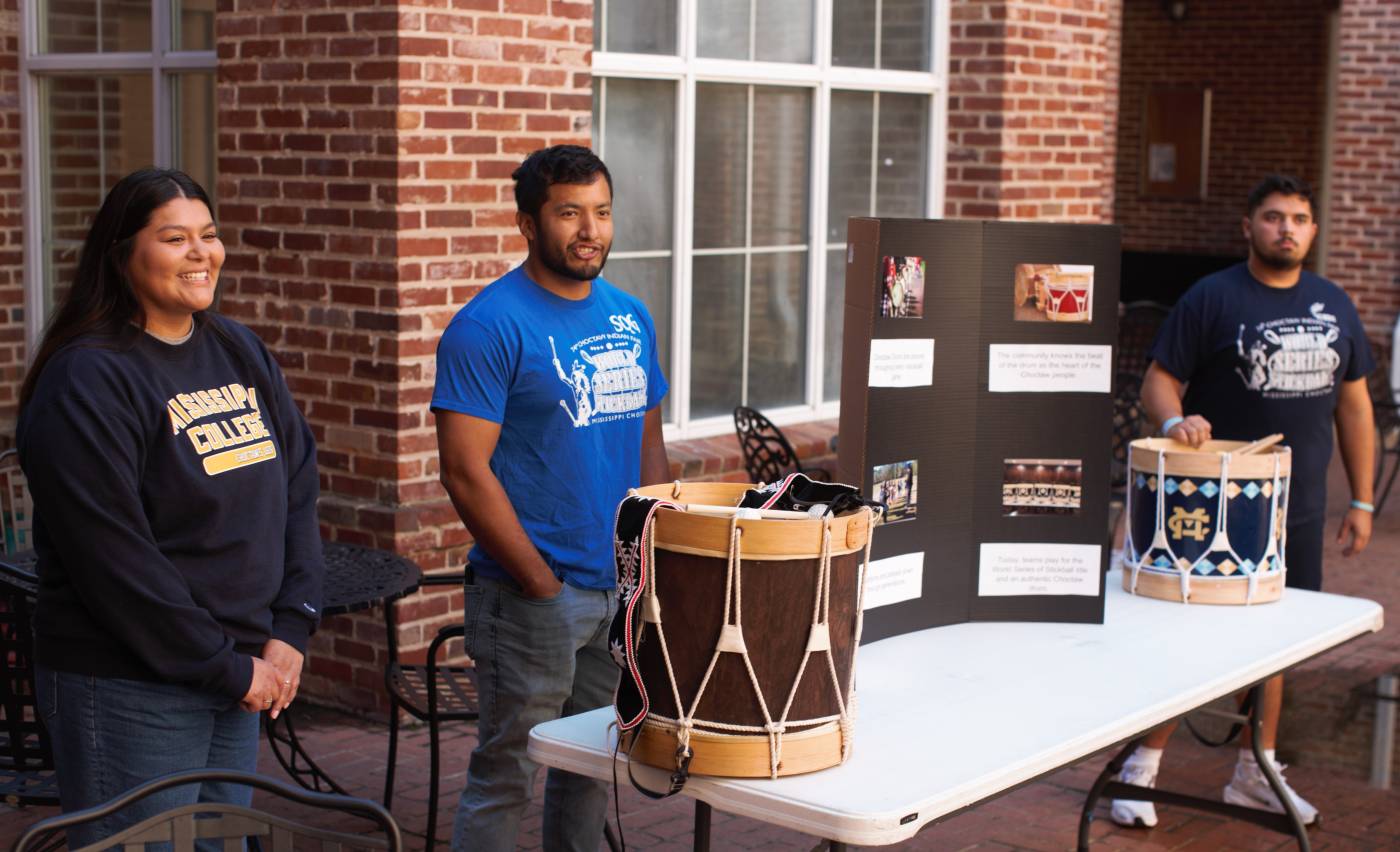 MC students Lauren Ben, Taylor York, center, and Brodie Ben share insights into their Choctaw heritage during a 