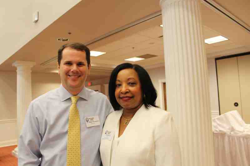 President Blake Thompson and MC Law Dean Patricia Bennett visit at an orientation on the Clinton campus.