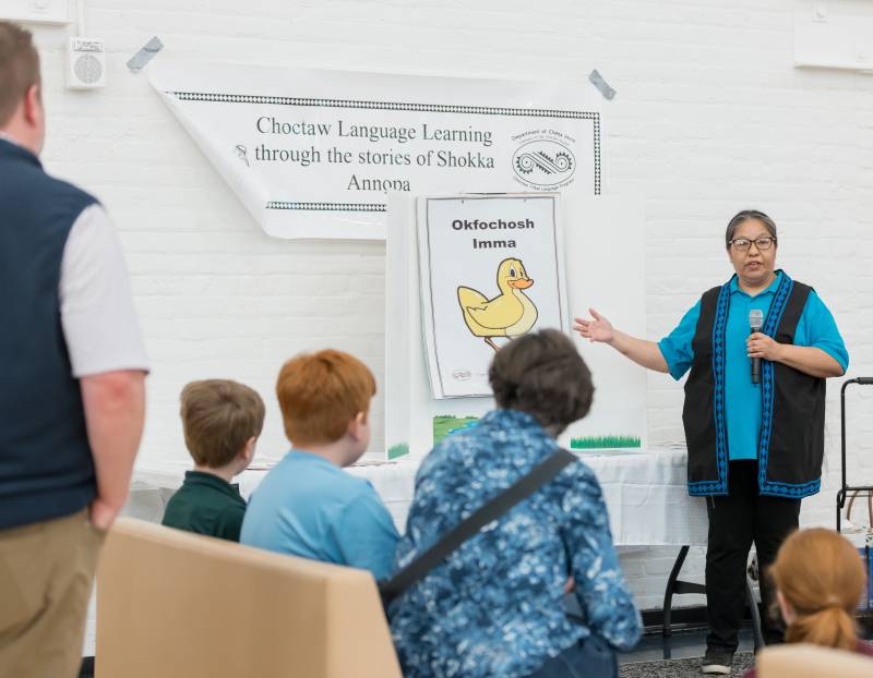 Children attending the Choctaw Expressions event at ³Ô¹ÏºÚÁÏÍø last spring received a lesson on Choctaw vocabulary. MC is studying the K-12 teaching methods of the Choctaw language and Choctaw culture in the MBCI's Choctaw Language Program to help preserve the Choctaw language.
