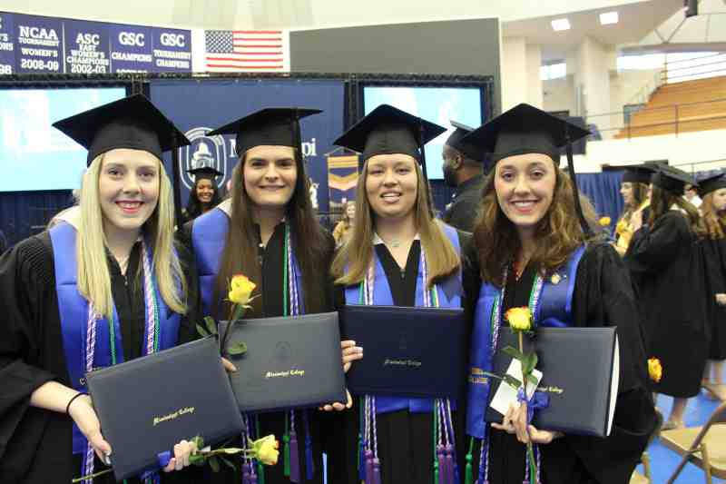 Pictured at Spring commencement on May 10, these members of the Class of 2019 at the Mississippi College School of Nursing are all bound for jobs soon at Baptist Hospital in Jackson. They are: Jessica Lang of Florence, Kayla Kellum of Raymond, Breanna Edgeworth of Amory and Madeline Toler of Madison.