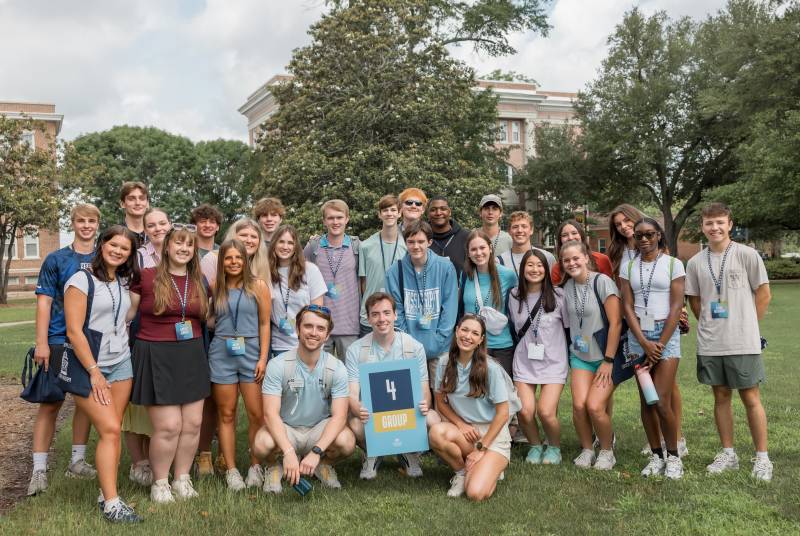Student orientation leaders take incoming students on a tour of Mississippi College during a 2025 summer orientation session.