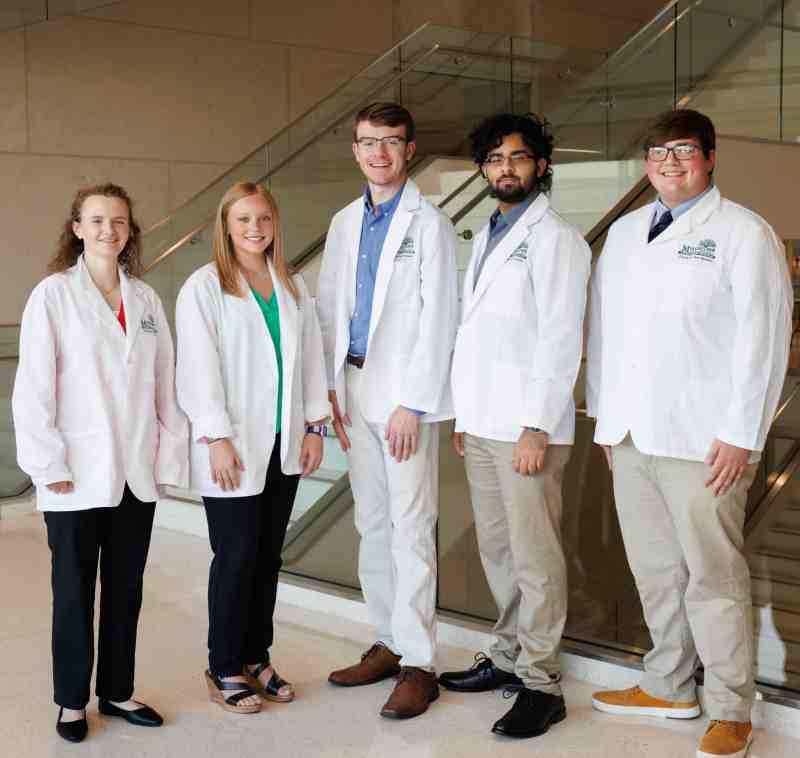 Current MC students selected to participate in the undergraduate portion of the Mississippi Rural Physicians Scholarship Program include, from left, Kaitlin Williams, Madison Ely, Austin Frisbie, Sukhbir Sohal, and Ethan Tullos.