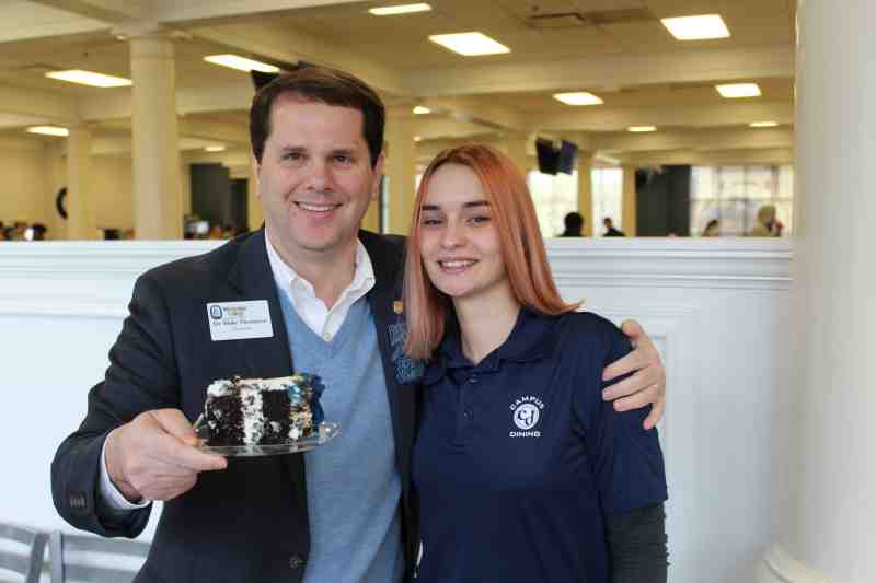 On January 22, President Blake Thompson took part in his first Founder's Day at MC. He stopped by the MC cafeteria for a slice of cake. Savannah Moore, an employee with Campus Dining, the university's food service provider, joins Dr. Thompson for a photo Tuesday afternoon. 