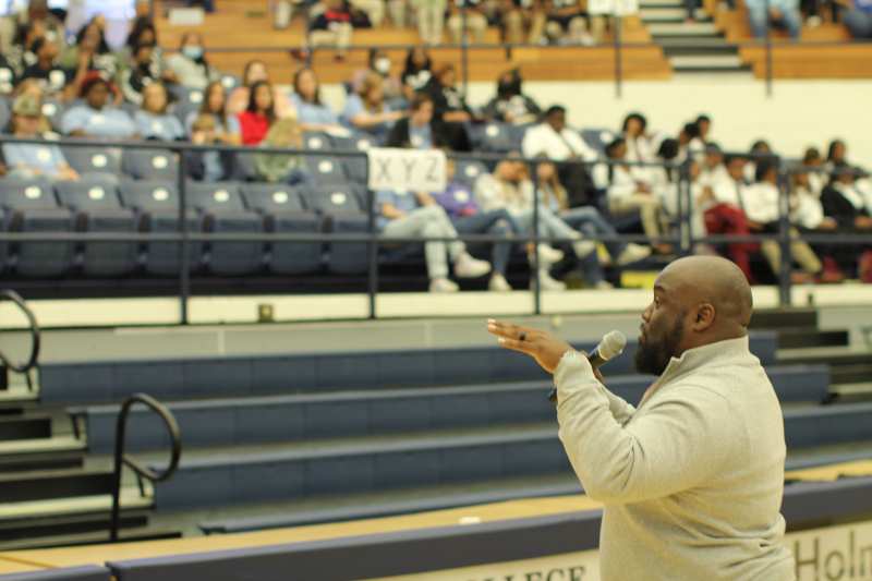 DeSean Dyson, assistant professor in the School of Education and special assistant to the president at MC, shares words of wisdom with more than 400 high school students and adult sponsors during the Capital Area Student Council Workshop Nov. 3 in A.E. Wood Coliseum.
