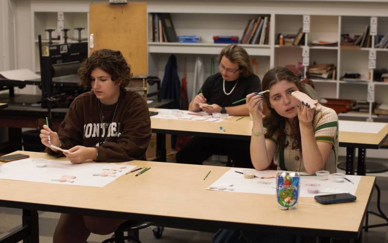 Art education majors glazing ornaments to be fired in the kiln at the Gore Arts Complex include, from left, Hannah Shows, a freshman from Long Beach; JT McNamee, a senior from Clinton, and Catherine Williams, a freshman from Memphis, Tennessee.