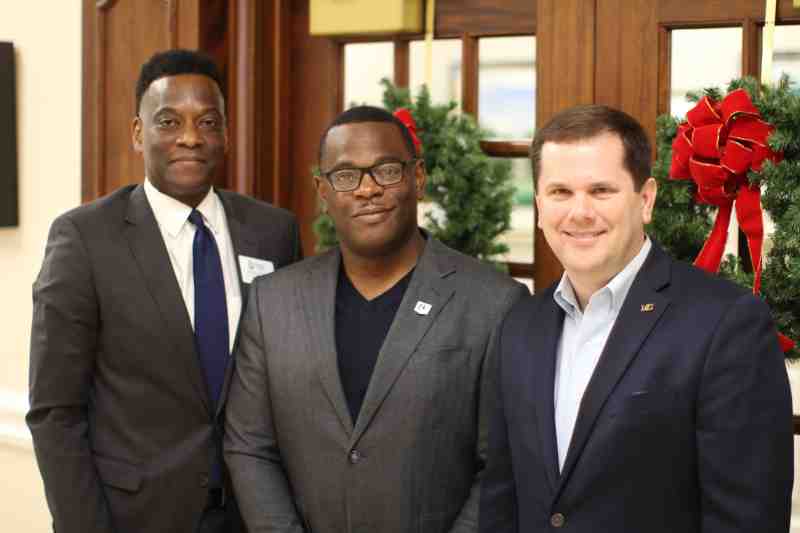 Cementing Mississippi College’s partnership with Jackson State University are, from left, Dr. Keith Elder, provost and executive vice president at MC, Thomas K. Hudson, JSU president, and Dr. Blake Thompson, MC president.