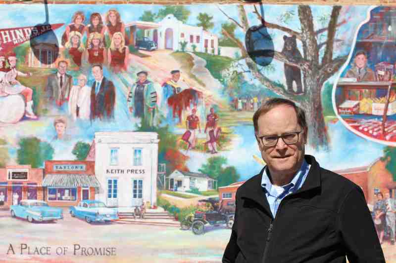Mississippi College is well represented in Albert Smathers' mural in Raymond. Among the subjects he included are Dr. Laurie Lawson, associate professor, chair, and director of the Social Work program (in regalia near center of photo), Dr. Debbie Norris, associate professor and program coordinator in Higher Education Administration (back row, far right in group of cheerleaders at top of photo) , and Bebe Garrison, former director of the Accelerated Degree Program (front row, center in group of cheerleaders).