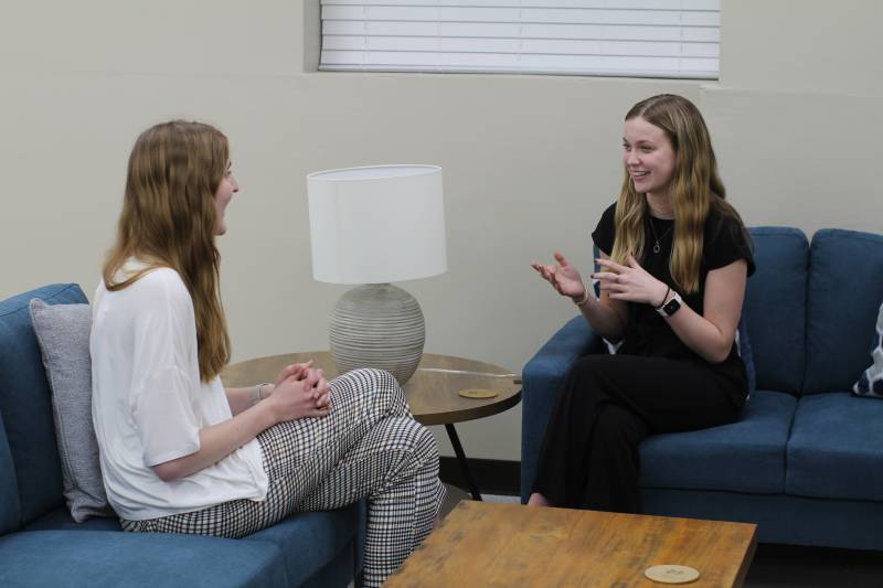 Mississippi College students and Big River Strategies staff like Rachel Robertson, left, and Jordan Little meet each week to develop and implement public relations plans for their clients.