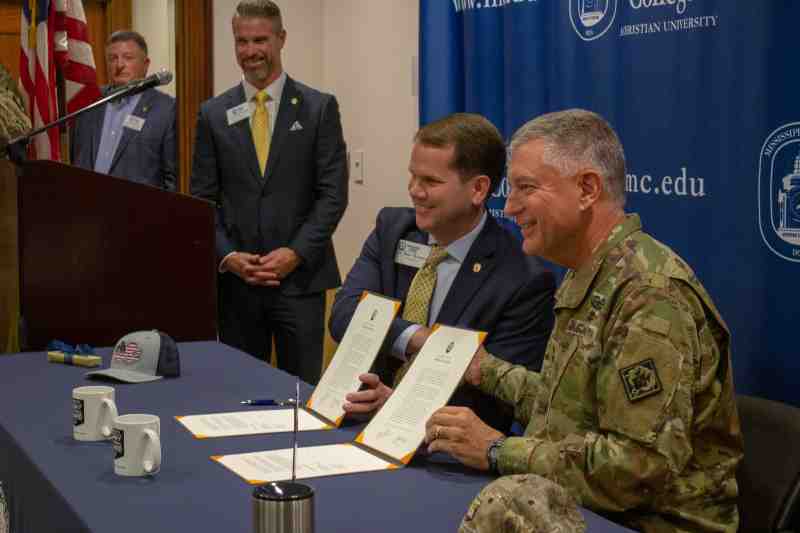 MC President Blake Thompson signed agreements November 1 with Mississippi Adjutant General Janson Boyles.