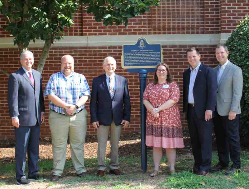 On hand for the Covenant of Cooperation historical marker dedication July 11 in front of the Leland Speed Library on the Mississippi College campus are, from left, Dr. Ronnie Falvey, resource development director, Mission First; Dr. Daniel White, assistant professor, Department of English and Philosophy, Mississippi College; Dr. Anthony Kay, executive director, Mississippi Baptist Historical Commission; Heather Moore, head of special collections, Leland Speed Library, Mississippi Baptist Historical Commission; Dr. Blake Thompson, Mississippi College president; and Dr. Shawn Parker, executive director, Mississippi Baptist Convention Board.