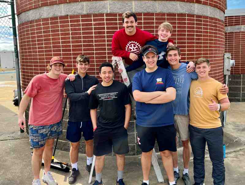 Volunteers and MC students pause for a photo near the end of the Midtown pool renovation. They include, front row from left, Hinson Wilson, Asa Poche, Jeffrey Neville, Chris Loftis, Timothy Martin, and Luke Horst, and back row from left, David Torrent and Will Shea.