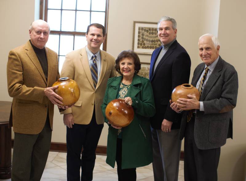 MC President Blake Thompson, second from left, and Mississippi Colleges Board of Trustees Chair Ronnie Falvey, second from right, visit with outgoing trustees Paul G. Moak Jr., left, Jane Mangum Hederman and Judge Tom Lee. Outgoing trustee Ronnie Smith is not pictured.