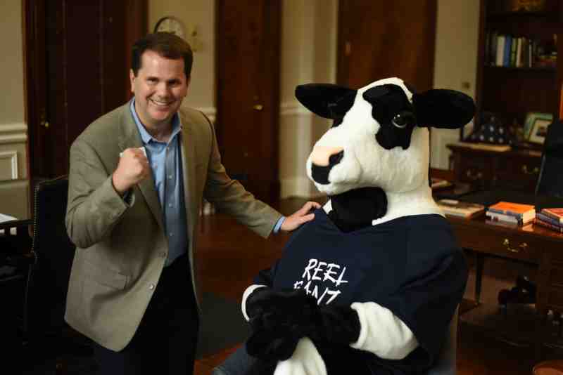 Dr. Blake Thompson had fun announcing the news with the Chick-fil-A mascot. 