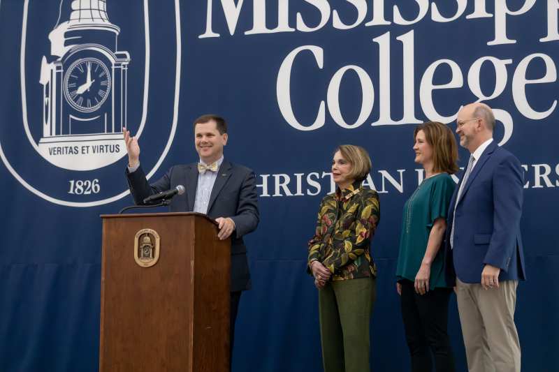 Bessie Speed, second from left, Leland Speed's widow, joins Mississippi College President Blake Thompson, left, her son, Warren Speed, and her daughter-in-law, Marla Speed, to announce the new Leland Speed Scholarship at MC. Through the years, Leland and Bessie Speed were known for their exceeding generosity to Mississippi College.