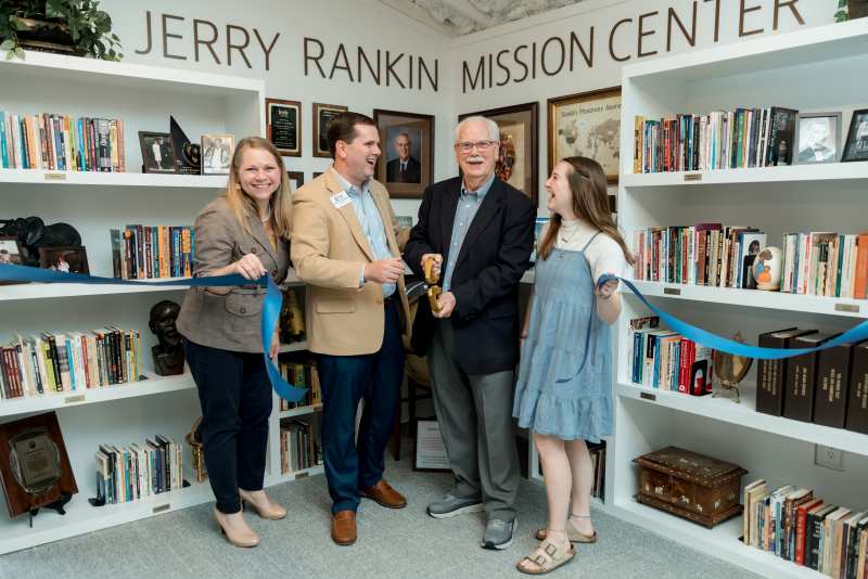 Joyfully cutting the ribbon at the dedication of the Rankin Mission Center are, from left, Mandy Phillips, BSU director; Dr. Blake Thompson, MC president; Dr. Jerry A. Rankin, president emeritus of the Southern Baptist Convention International Mission Board; and Kayla McNair, BSU student president.