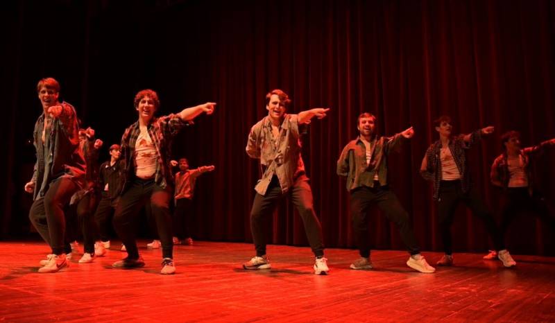 Members of Shawreth Men's Club rehearse for the Swerve dance competition on the Swor Auditorium stage in Nelson Hall Feb. 28.