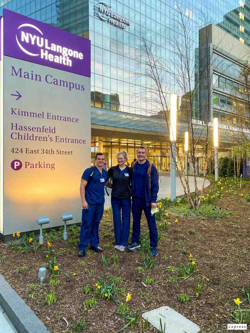 University of Akron nursing students Mike Hronec, Katie Roberts and Cody Ellis are recently pictured outside a New York City hospital where they work. Katie earned her undergraduate degree in nursing at Mississippi College. Photo courtesy of the University of Akron.