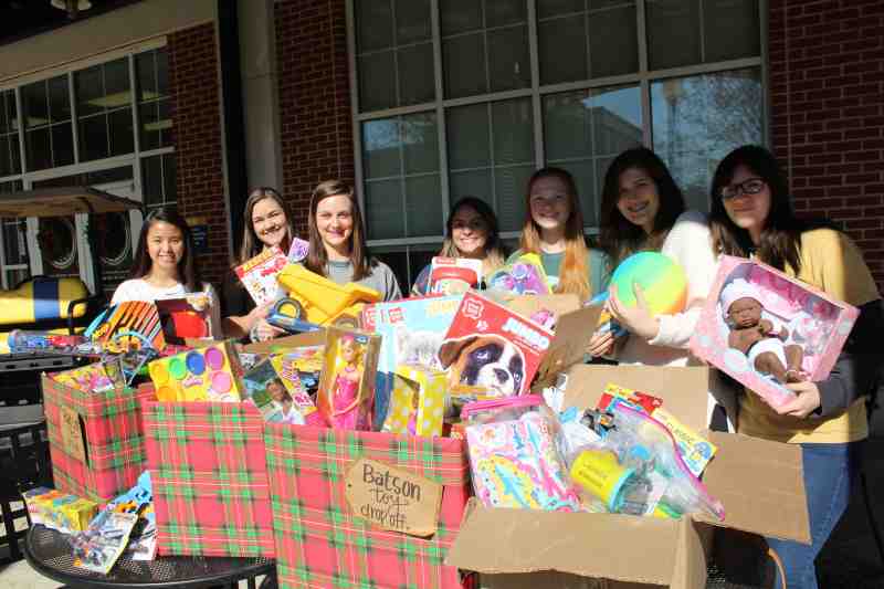Mississippi College students recently collected more than 300 toys to brighten the Christmas holidays for patients at the Blair Batson Children's Hospital in Jackson. Pictured on the Clinton campus Dec. 6 (left to right): Lily Hargrove of Louisville, Kentucky, Hannah Reeves of Brandon, Mary Beth Bates of Laurel, Harley Bush of Clinton, Hannah Jones of Birmingham, Alabama, Leah Trainer of Daphne, Alabama and Megan Hagerty of Birmingham.