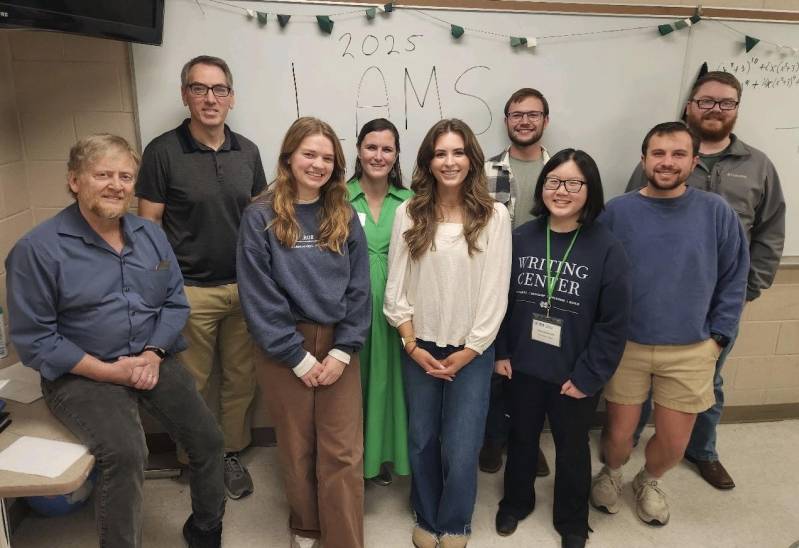 MC students and faculty attending the annual MAA Section Meeting include, from left, John Travis, professor of mathematics; Daniel Watson, associate professor and chair of mathematics; Linda Kingma; Taylor Poe, assistant professor of mathematics; Kennedy Maloney; Nash Euto; Michelle Harvath; Robert Pennell; and Thian Sumrall.