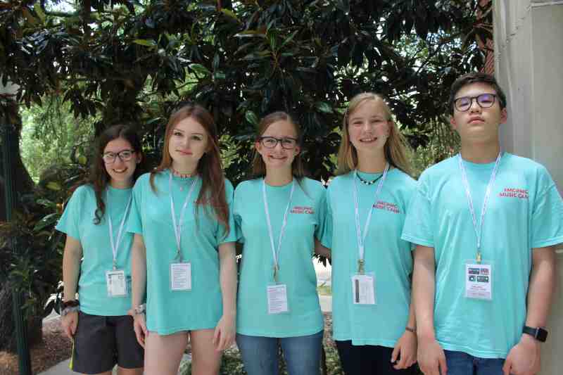Pictured on the Clinton campus are Mississippi College summer music campers: Laura Nabholz, 16, and Kathryn Knupp, both of Clinton, sisters June Durham and Lily Durham, 15, both of Raymond and Colin Guan, 12, of Clinton. The photo was taken June 27. Sponsored by the MC Music Department, the camp attracted 46 young people from schools across the Magnolia State. 
