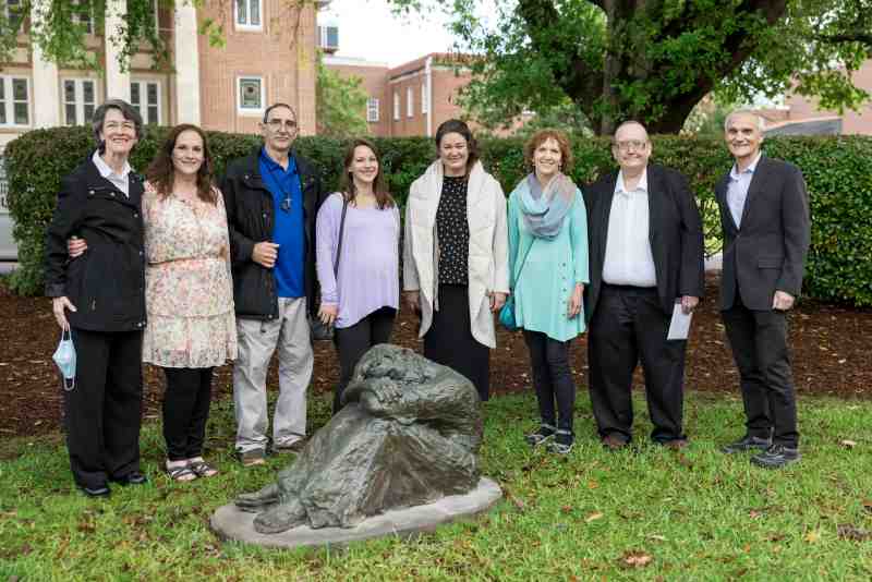 Artists, including former MC students, and others collaborated to create three disciples completing the late Sam Gore's Christ in Gethsemane sculpture. Pictured at the April 15 ceremony:  DP Smith, Jan Gore Mellado, James Jackson, Tarrah Foreman Jackson, Carrie Lassiter Reeves, Judy Gore Gearhart, Philip Gore and Greg Gearhart. Not present: Tracy and Colt Sugg, Reid Bishop, JT Smith, Larry Lugar and Geordan Lugar.