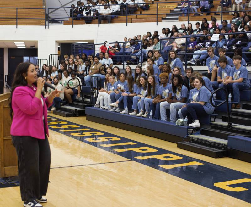 Tori Holloway speaks to student council representatives from throughout the state during the Capital Area Student Council Workshop at Mississippi College.  