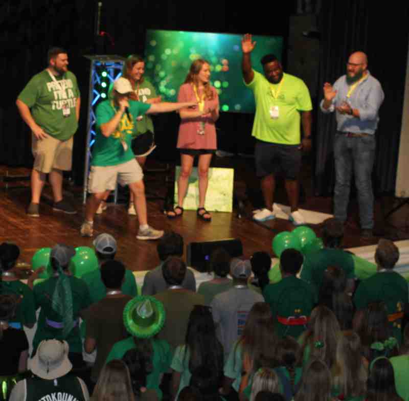 Green School leaders introduce themselves during the opening day of Super Summer 2022 in Swor Auditorium in Nelson Hall.    