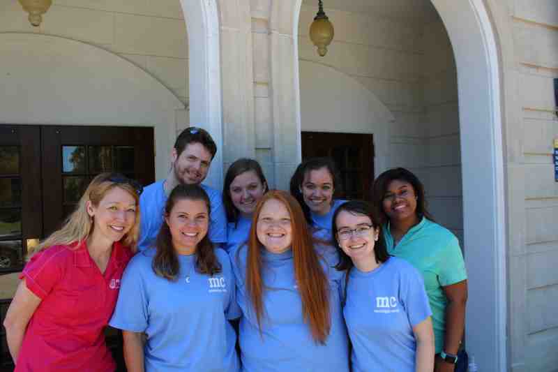 Cheli Vance, program coordinator of the MC Office of Continuing Education, joins students helping oversee summer camps. On the front row, Vance is pictured with Madison Brown of Petal, Abby Crain of Monroe, La., and Anna Armstrong of Birmingham, Ala. Back row: Kyle Hoskins of Meridian, Michelle Planchard of Covington, La., Kailyn Skinner of Collierville, TN and Kristin Brent of Jackson. They are pictured on the Clinton campus on June 13.